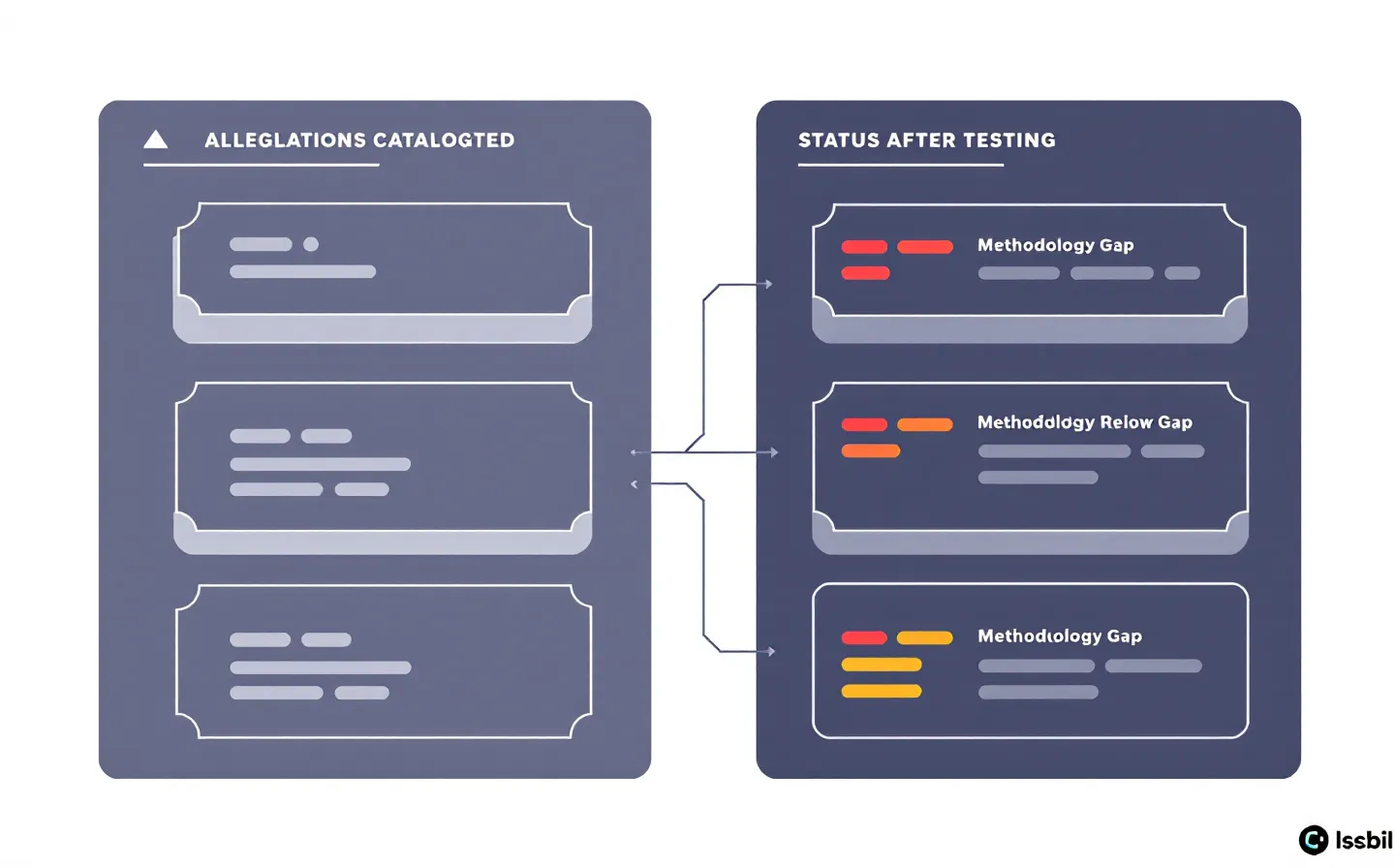 Allegation status board: cataloged allegations on the left, tested verdicts on the right