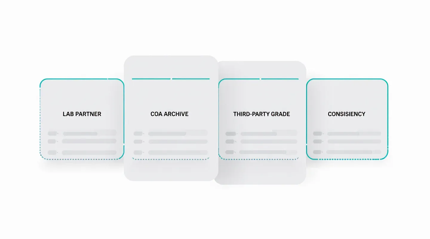 Four evidence pillars: lab partner, COA archive, third-party grade, consistency