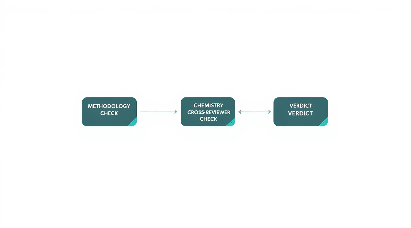 Five-stage investigation workflow: allegation, methodology check, chemistry check, cross-reviewer check, verdict